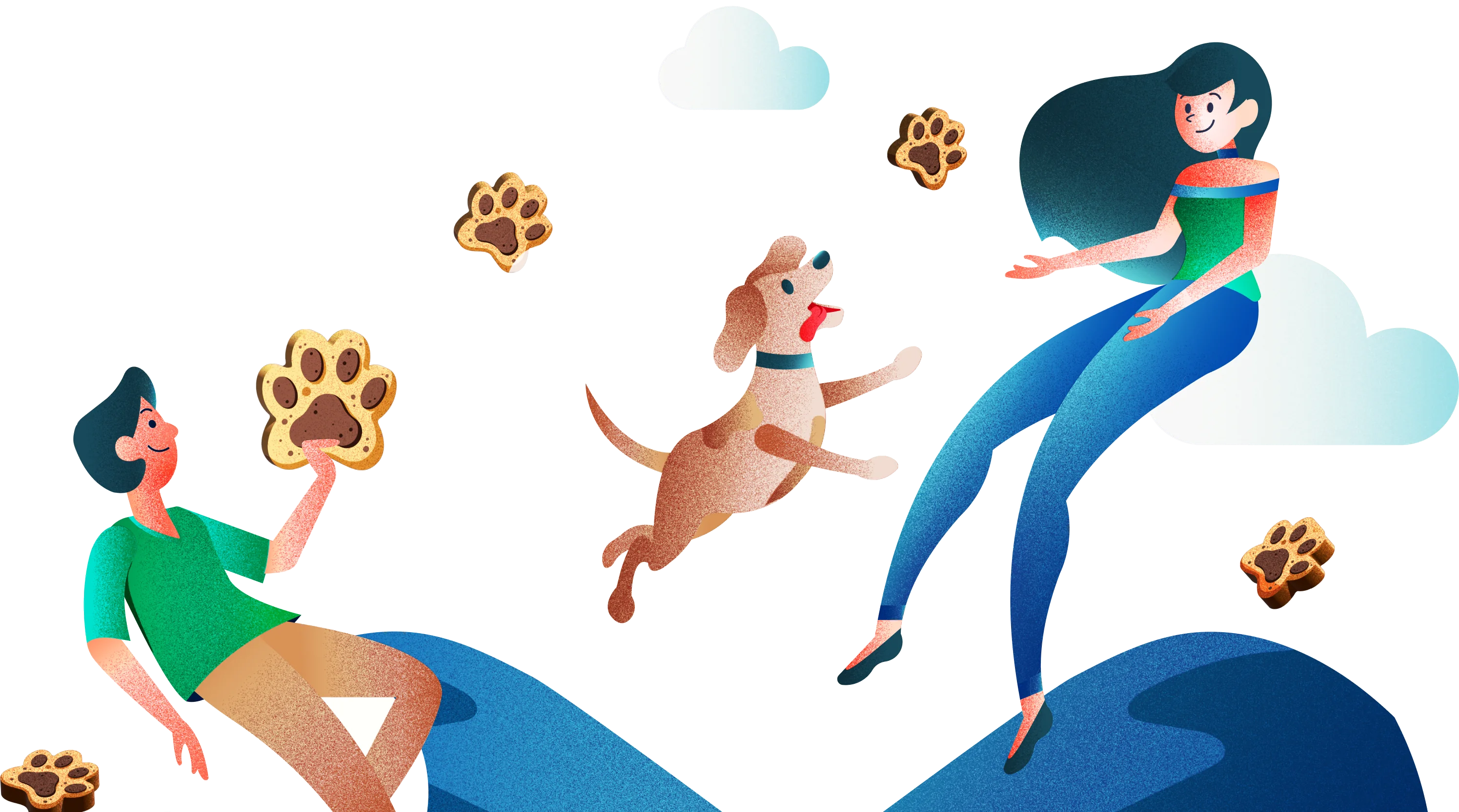 A boy holding up a paw-shaped treat while a puppy leaps for it and a girl floats among the clouds.